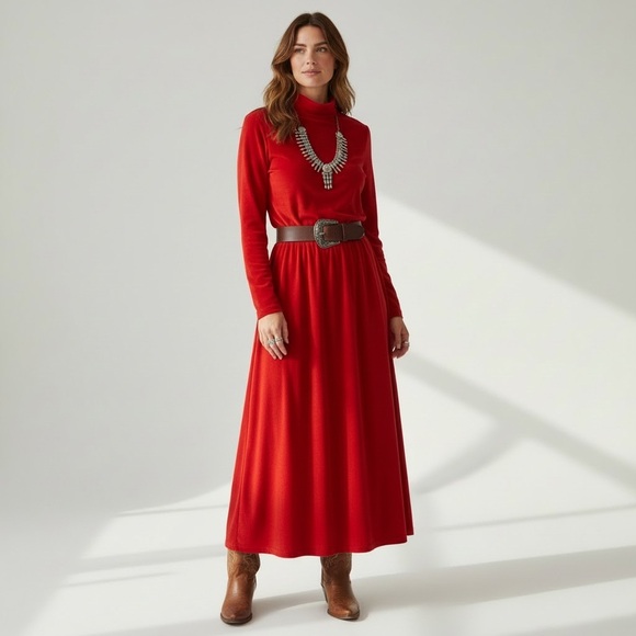 Vintage Fads 80s velour red mock neck maxi dress comfy Warm soft casual - Picture 2 of 11